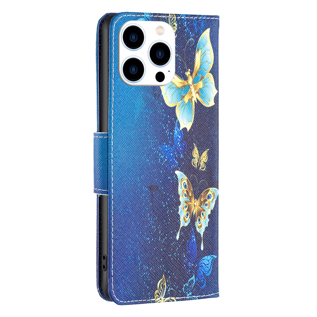 PU Leather Stand Wallet Case for iPhone 15 Pro , Pattern Printing Full Protection Phone Cover - Golden Butterflies PU Leather Stand Wallet Case for iPhone 15 Pro , Pattern Printing Full Protection Phone Cover - Golden Butterflies